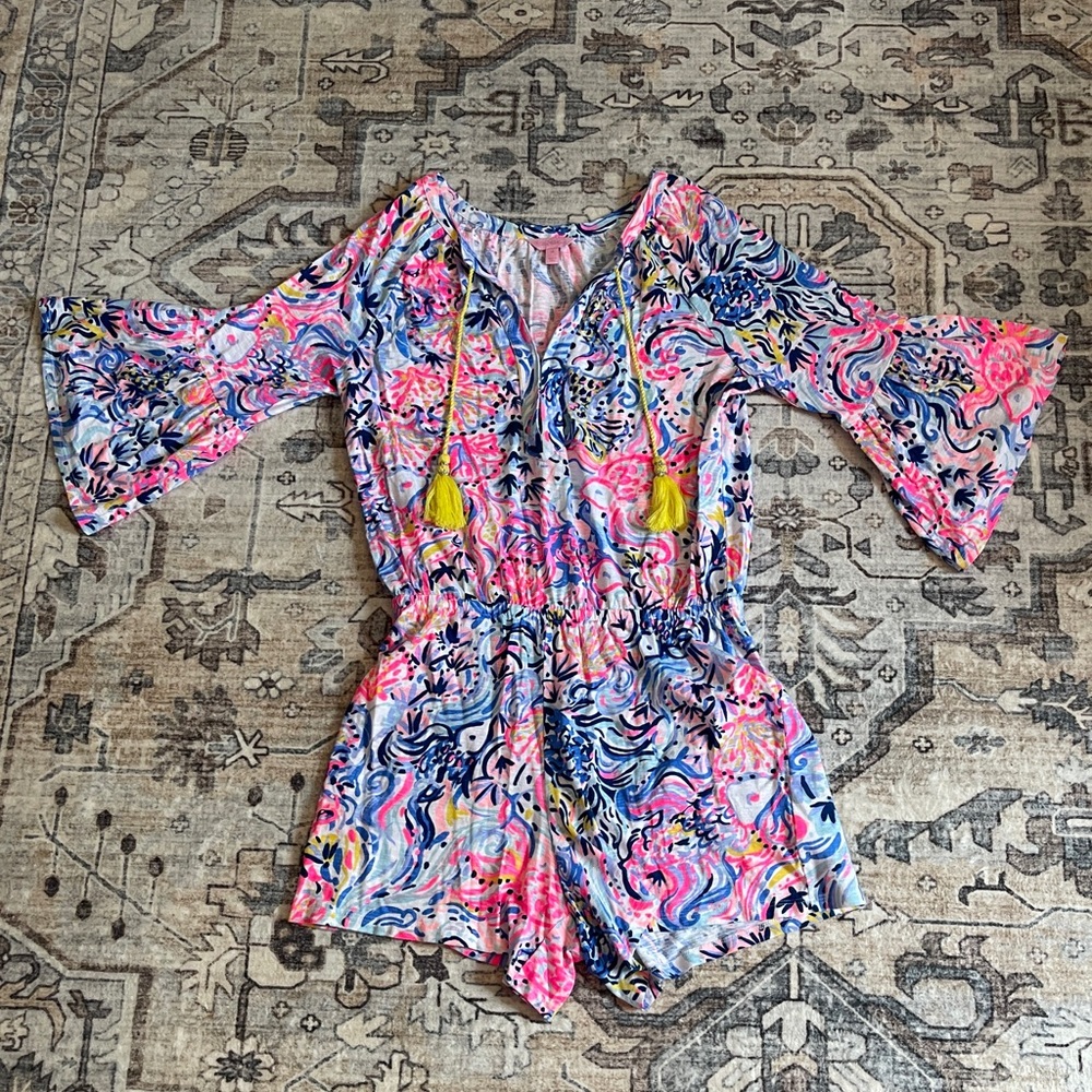 Lilly Pulitzer Pink and Blue Jumpsuit with Flutter Sleeves